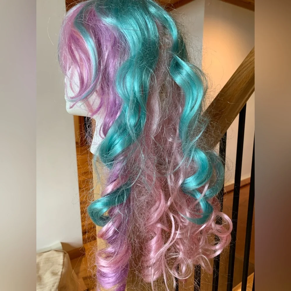 Spirit Halloween Fantasy Curl Pastel Pink Purple Blue Hair Wig Costume OS